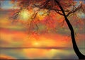 Illustration: golden autumn light on a lake; AI generated