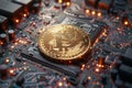 Illustration of golden bitcoin coin on top of an advanced computer circuit board, with soft lighting highlighting the intric