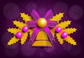 Illustration of golden Christmas garland with purple elements. Purple background