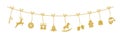 Illustration of golden Christmas ornaments hanging from a rope isolated on a white background Royalty Free Stock Photo