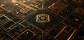 Illustration of golden circuit board on black background with depth of field. Digital art shows tech pattern, micro scheme,