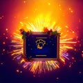 Illustration of a golden frame with the coronavirus symbol and fireworks. Generative AI