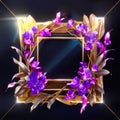 Illustration of golden frame with purple orchids on black background Generative AI Royalty Free Stock Photo