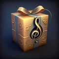 Illustration of a golden gift with a violin key. Dark background. Gifts as a day symbol of present and