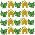 Illustration of golden houses and green leaf patterns on a white background