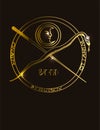 Illustration of a golden occult symbol with magical inscriptions and signs on a black background.