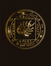 Illustration of a golden occult symbol with magical inscriptions and signs on a black background.