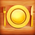Illustration of golden plate, fork and knife wooden texture. Menu template Royalty Free Stock Photo