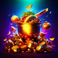Illustration of a golden pot full of gold coins on a dark background AI generated Royalty Free Stock Photo