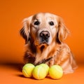 illustration of golden retriever dog posing in front of his tennis balls on orange background created with artificial intelligence Royalty Free Stock Photo