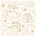 Illustration of golden tiny houses. Beautiful linear houses in the forest. Cute houses in winter on a white background Royalty Free Stock Photo