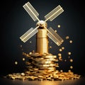 illustration of golden windmill that stands on gold bars. successful green energy business