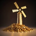 illustration of golden windmill that stands on gold coins. successful green energy business