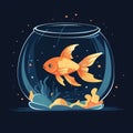 Illustration of a goldfish in a small glass aquarium.