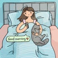 Illustration good morning, girl in bed with a cat