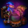 Illustration a good wizard brews a potion big magic cauldron