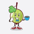 Gooseberry Fruit cartoon mascot character with a cup of coffee
