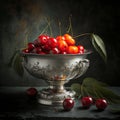 Perfect painterly still life of a silver bowl of cherries, generative Ai Royalty Free Stock Photo