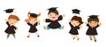 Graduating kids jumping with hats flying in the air