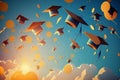 Illustration of graduation caps thrown into air. Generative AI Royalty Free Stock Photo