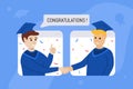 Illustration graduation online with two teenager using toga