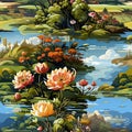 Illustration of a grand landscape with a lake and flowers (tiled