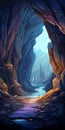 Grandeur Of Scale: Illustration Of A Cave With Mountain Background