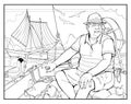 Illustration of a grandfather sailing in the sea. Seniors activity. Maritime entertainment for a pensioner. Coloring book for