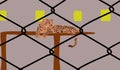 Illustration graphic of a big cat sitting on the wooden table inside the wire cage.