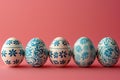 Graphic a row of easter eggs with blue and white patterns on the side, pink background, minimalist style, flat lay compositio Royalty Free Stock Photo