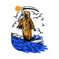Illustration of grim reaper surfing