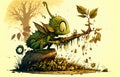 Grasshopper liltle monster eating and destroying leaves, digital illustration painting artwork Royalty Free Stock Photo