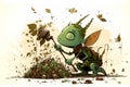 Grasshopper liltle monster eating and destroying leaves, digital illustration painting