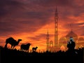 Illustration of grateful people with mosque background, cows, goats, camels, and the evening sky