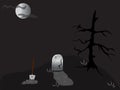 The Illustration Of A Graveyard. Grave, Shovel, Tombstone, Moon And Black Tree