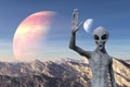 Illustration of a gray alien with arm raised waving hello with a planet and moon in the background