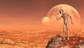 Illustration of a gray alien in a muscle pose atop a mountain peak with moons in the background on a red world