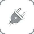Illustration of a gray electrical plug featuring two parallel prongs and a lightning bolt Royalty Free Stock Photo