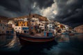 Illustration of a Greek fishing village