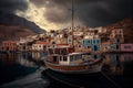 Illustration of a Greek fishing village