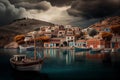 Illustration of a Greek fishing village