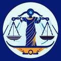 Illustration of the Greek goddess Themis with scales of justice on a blue background AI generated