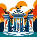 Illustration of a greek temple in front of an orange sunset Generative AI