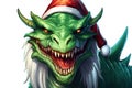 Illustration of green angry dragon in red Santa hat on white background