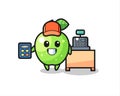 Illustration of green apple character as a cashier