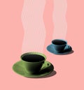 Illustration of green and blue coffee cups fifties style