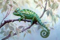 A green chameleon is perched on the branch of a tree, its body coiled and tail extended. the background features a soft gradi Royalty Free Stock Photo