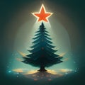 Illustration of a green Christmas tree and a star illuminating it. Farm, watercolor. The Christmas star as a symbol of the birth