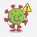 Green Coronavirus cartoon mascot character rise up a warning sign