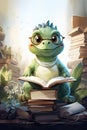 green cute dinosaur with glasses reading a book Royalty Free Stock Photo